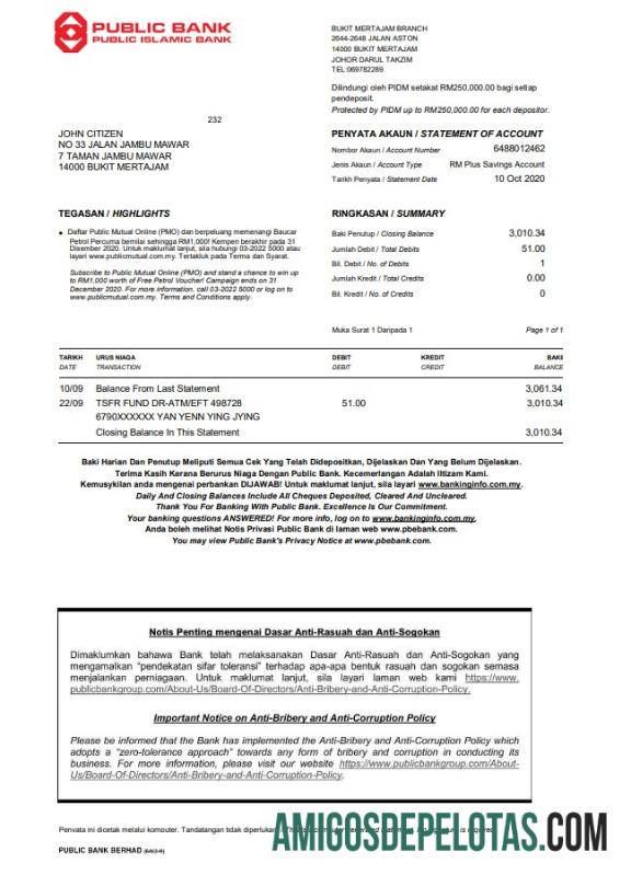 Exemplo de extrato bancário público da Malásia